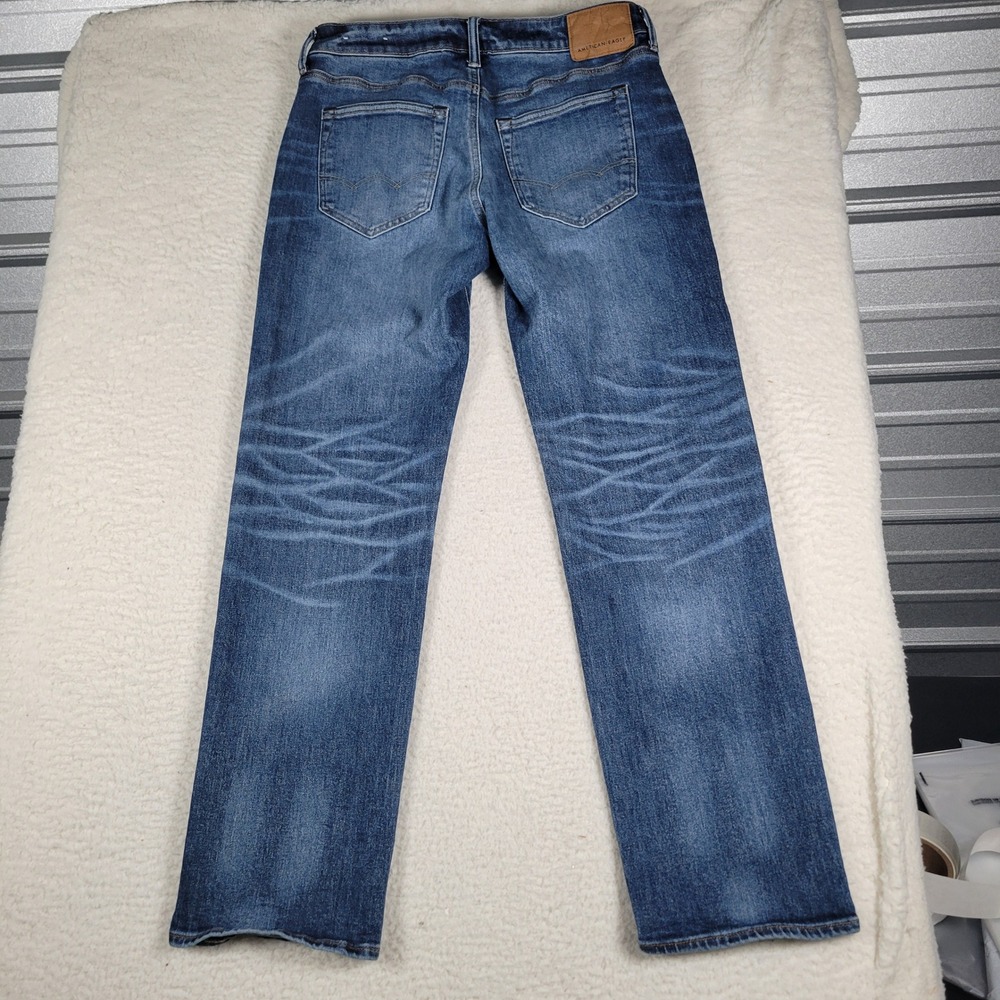 American Eagle Jeans Mens 33x32 Blue Straight Leg Stretch Whiskered Denim - Picture 10 of 15
